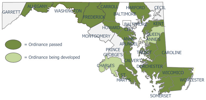 Wind ordinance map by Maryland counties